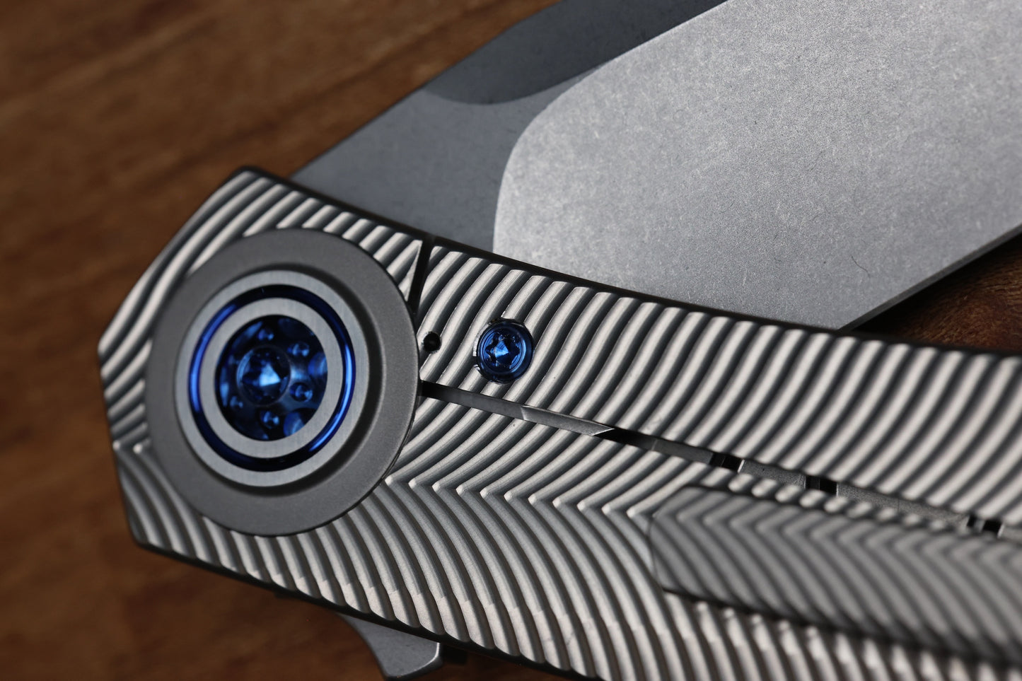 SKIFF MADE BLADES ASYLUM MILLED TITANIUM SCALES,ROYAL BLUE ANODIZED TI HARDWARE STONEWASHED S45VN BLADE #169