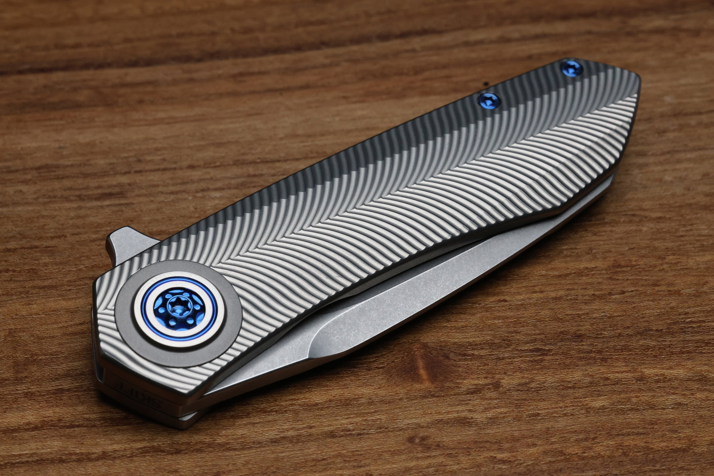 SKIFF MADE BLADES ASYLUM MILLED TITANIUM SCALES,ROYAL BLUE ANODIZED TI HARDWARE STONEWASHED S45VN BLADE #169