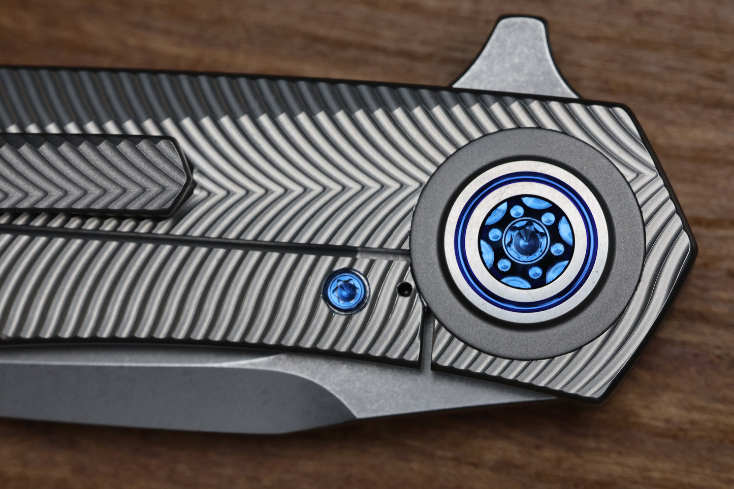 SKIFF MADE BLADES ASYLUM MILLED TITANIUM SCALES,ROYAL BLUE ANODIZED TI HARDWARE STONEWASHED S45VN BLADE #169