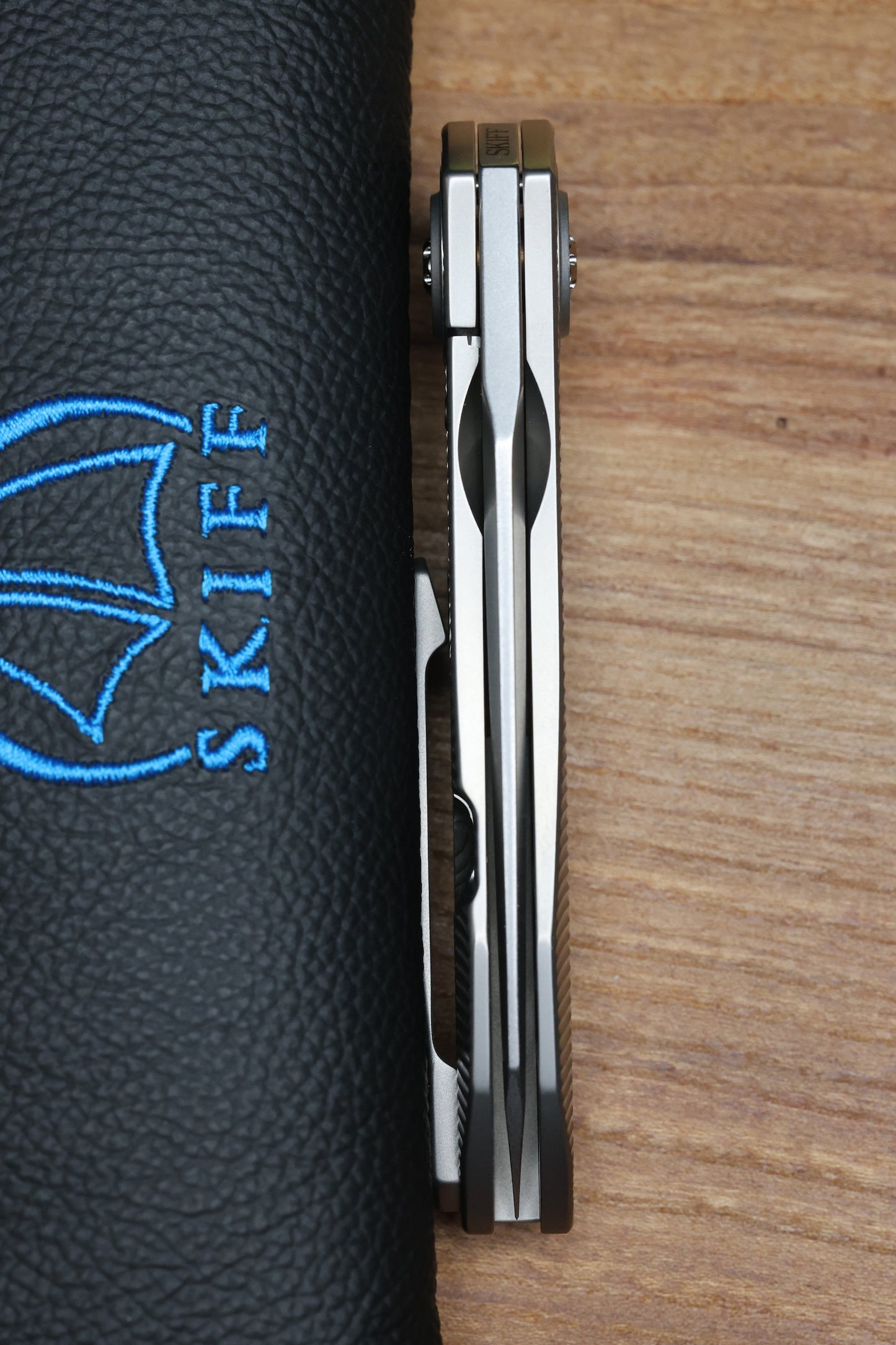 SKIFF MADE BLADES ASYLUM MILLED TITANIUM SCALES TITANIUM HARDWARE STONEWASHED S45VN BLADE #165