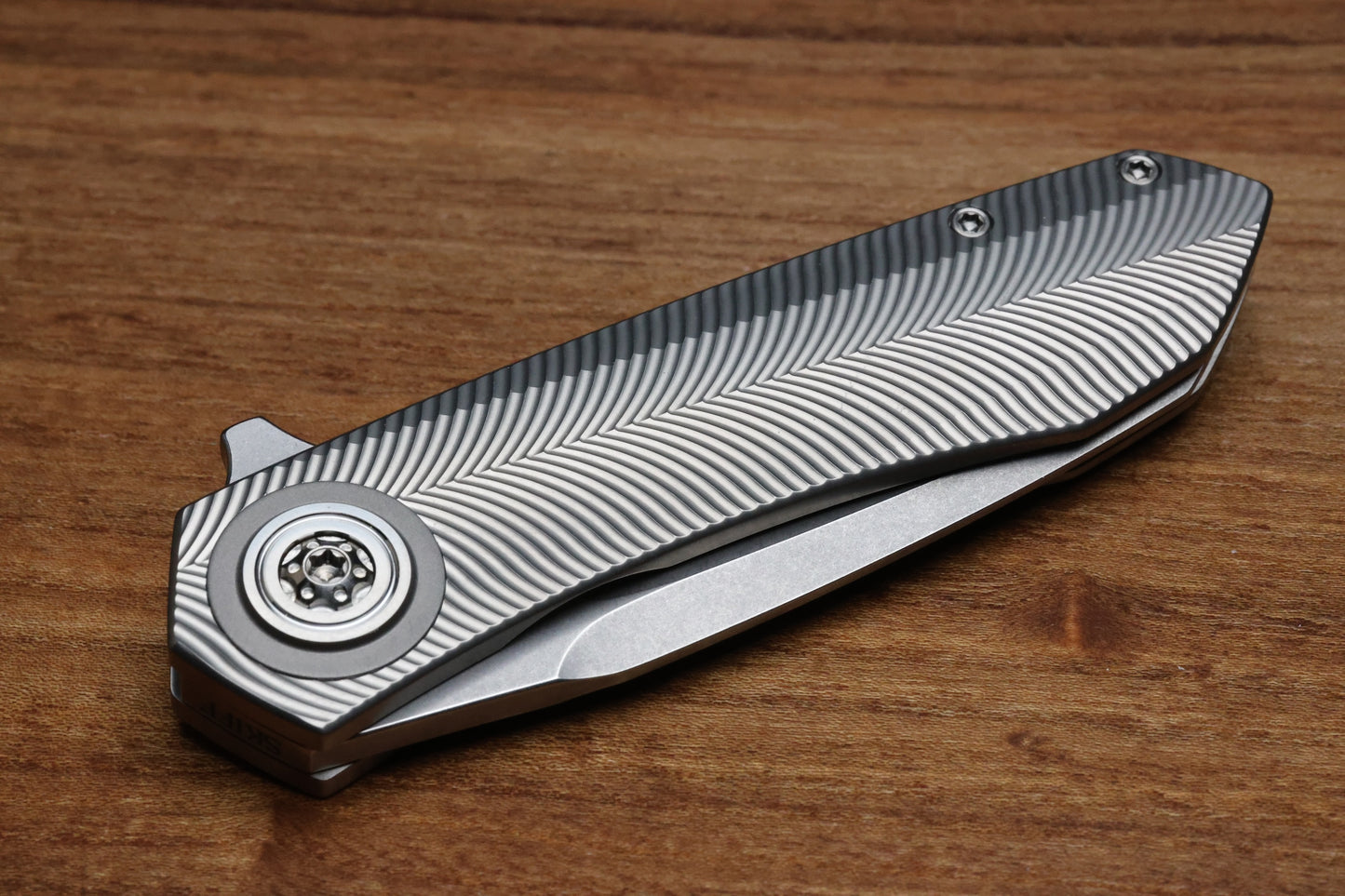SKIFF MADE BLADES ASYLUM MILLED TITANIUM SCALES TITANIUM HARDWARE STONEWASHED S45VN BLADE #165
