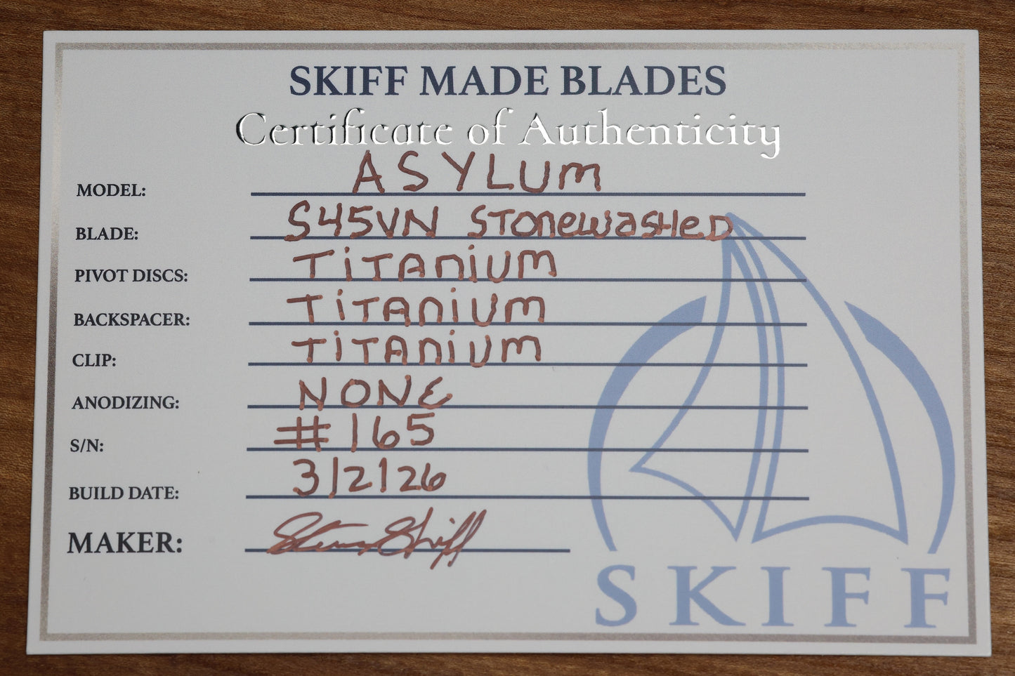 SKIFF MADE BLADES ASYLUM MILLED TITANIUM SCALES TITANIUM HARDWARE STONEWASHED S45VN BLADE #165
