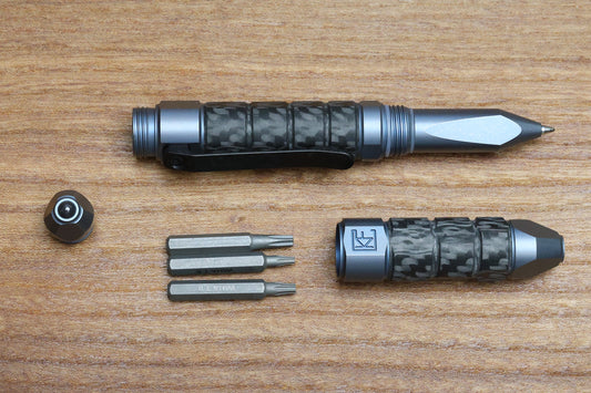 CUSTOM KNIFE FACTORY TOOL PEN BULAVVA-2 BLUE ANO TITANIUM W/ CARBON FIBER & WIHA BITS