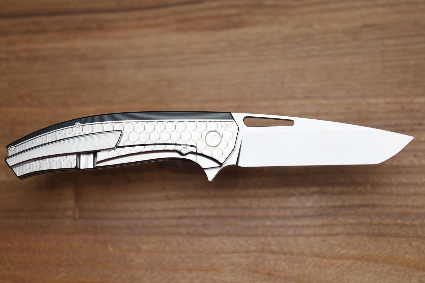 HOG HOUSE KNIVES VELI – BLASTED FINISH TITANIUM HANDLE W/ FADE HONEYCOMB PATTERN – RWL-34 BLADE – BLASTED FINISH TITANIUM HARDWARE