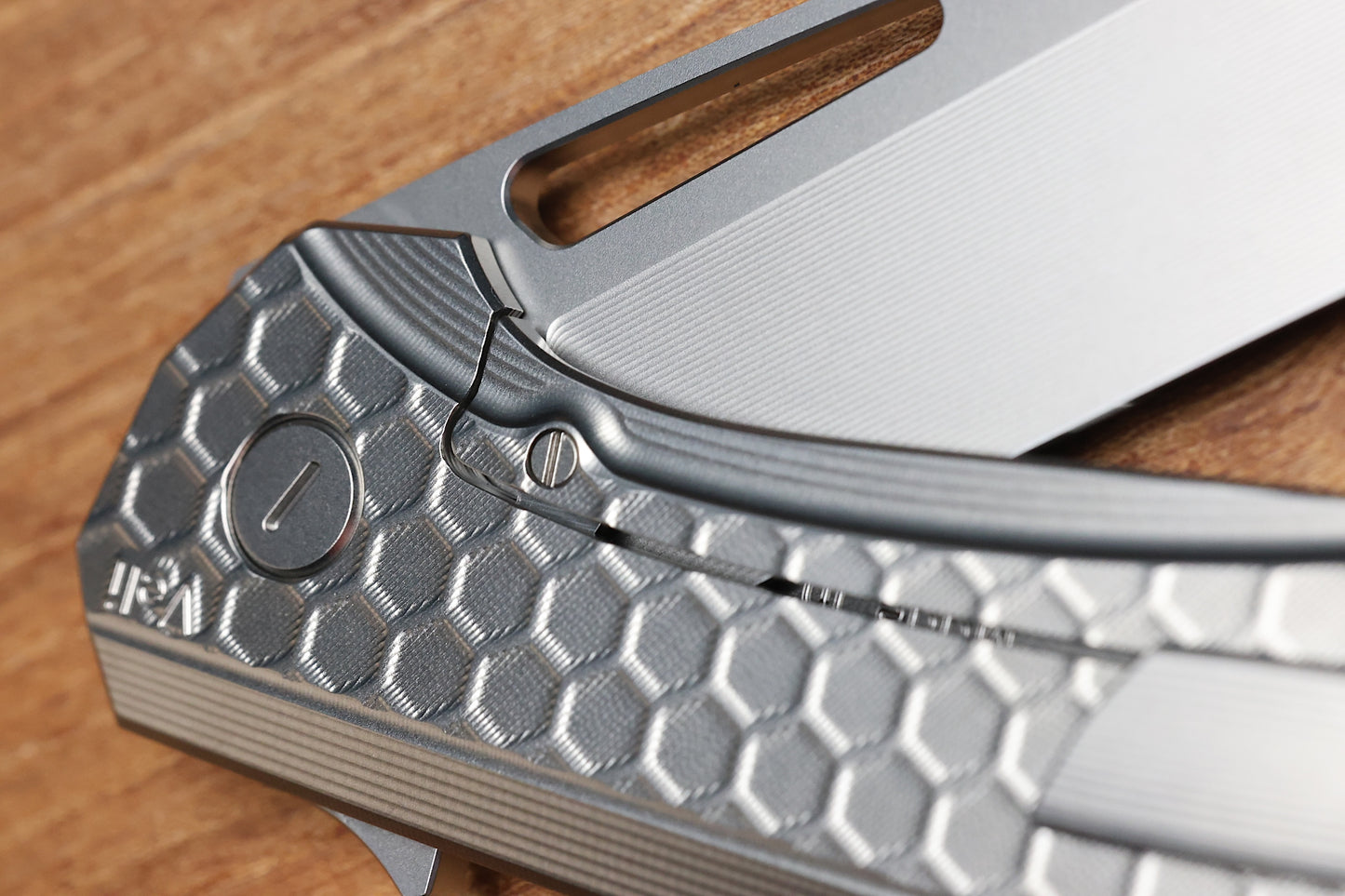 HOG HOUSE KNIVES VELI – BLASTED FINISH TITANIUM HANDLE W/ FADE HONEYCOMB PATTERN – RWL-34 BLADE – BLASTED FINISH TITANIUM HARDWARE