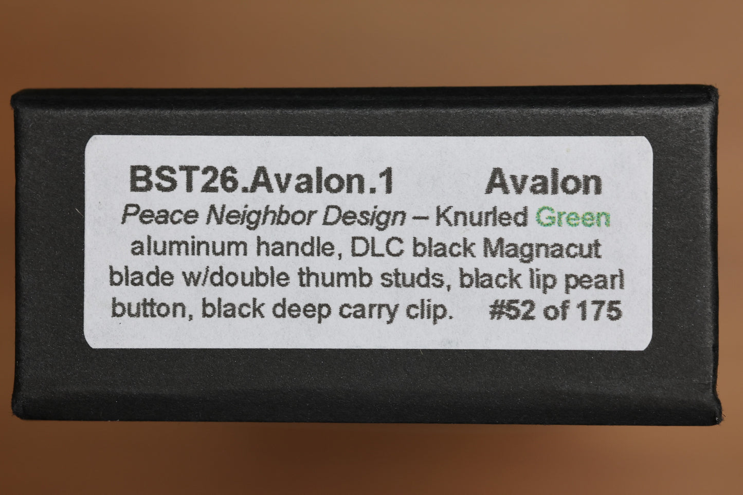 PRO-TECH AVALON PEACE NEIGHBOR W/ GREEN KNURLED ALUMINUM HANDLE & DLC MAGNACUT BLADE SHOW TEXAS LIMITED