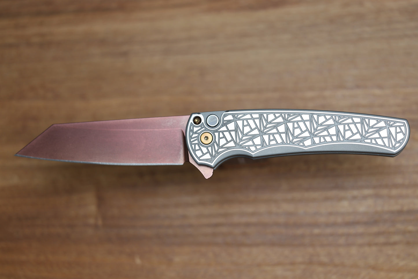 PRO-TECH MALIBU TWO TONE NEXUS STAINLESS HANDLE W/ BLACK LIP PEARL BUTTON & COPPER ROSE MAGNACUT REVERSE TANTO BLADE & HARDWARE 2026 CUSTOM 003