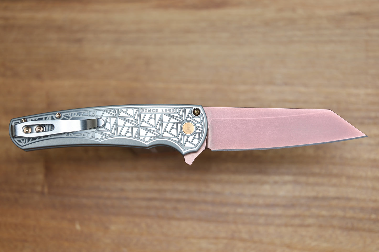 PRO-TECH MALIBU TWO TONE NEXUS STAINLESS HANDLE W/ BLACK LIP PEARL BUTTON & COPPER ROSE MAGNACUT REVERSE TANTO BLADE & HARDWARE 2026 CUSTOM 003