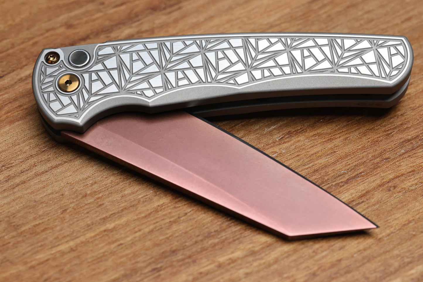 PRO-TECH MALIBU TWO TONE NEXUS STAINLESS HANDLE W/ BLACK LIP PEARL BUTTON & COPPER ROSE MAGNACUT REVERSE TANTO BLADE & HARDWARE 2026 CUSTOM 003