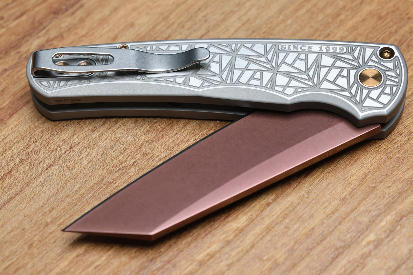 PRO-TECH MALIBU TWO TONE NEXUS STAINLESS HANDLE W/ BLACK LIP PEARL BUTTON & COPPER ROSE MAGNACUT REVERSE TANTO BLADE & HARDWARE 2026 CUSTOM 003
