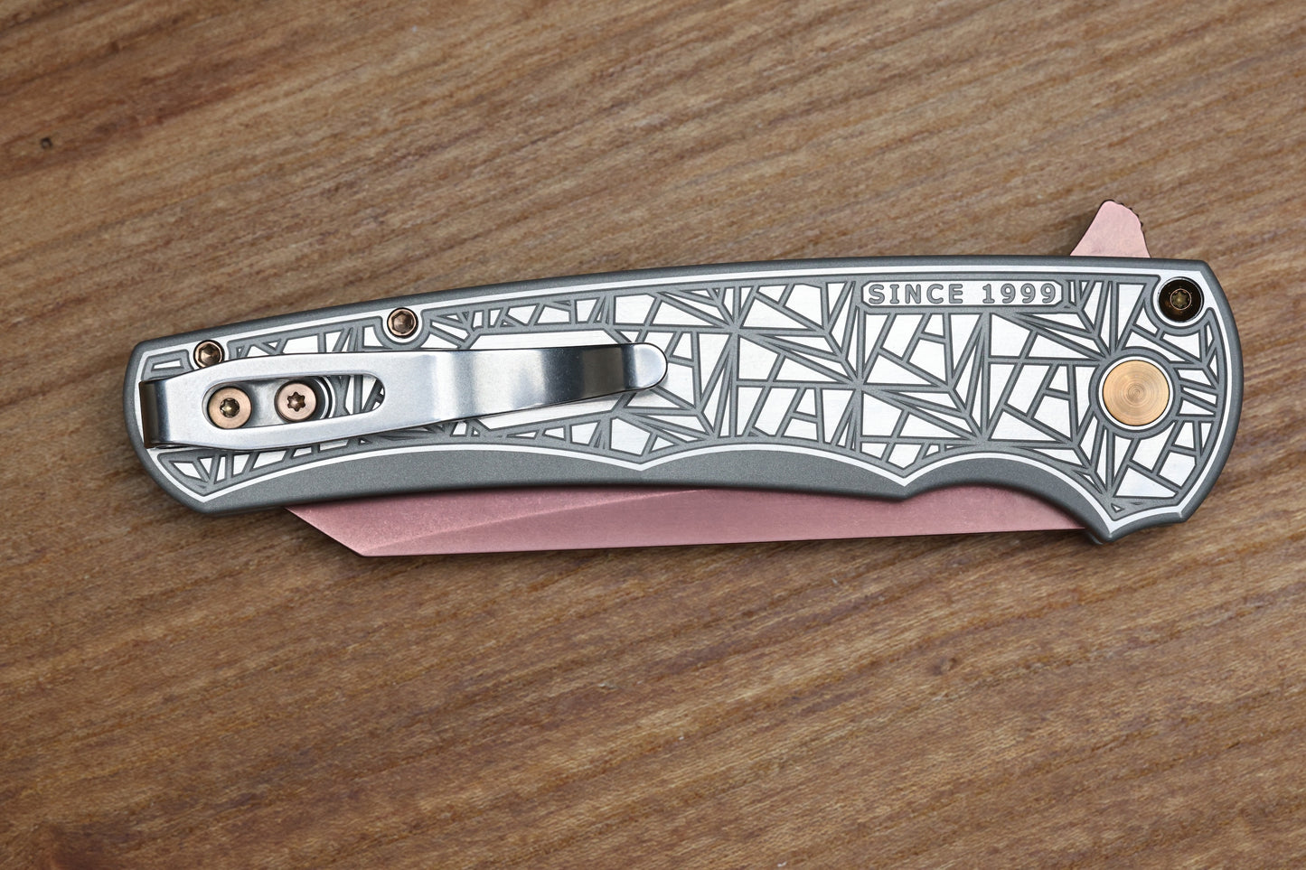PRO-TECH MALIBU TWO TONE NEXUS STAINLESS HANDLE W/ BLACK LIP PEARL BUTTON & COPPER ROSE MAGNACUT REVERSE TANTO BLADE & HARDWARE 2026 CUSTOM 003