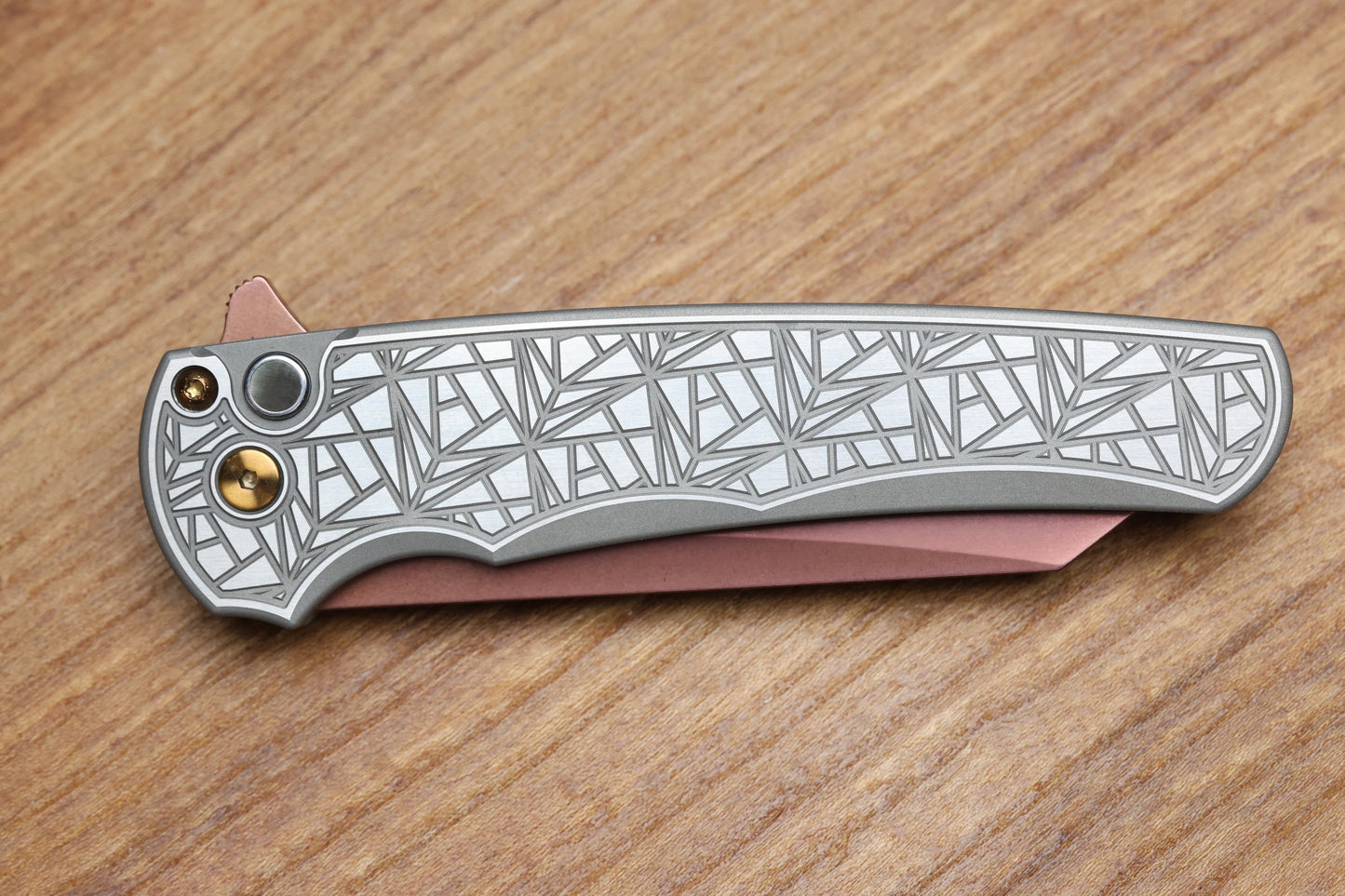 PRO-TECH MALIBU TWO TONE NEXUS STAINLESS HANDLE W/ BLACK LIP PEARL BUTTON & COPPER ROSE MAGNACUT REVERSE TANTO BLADE & HARDWARE 2026 CUSTOM 003