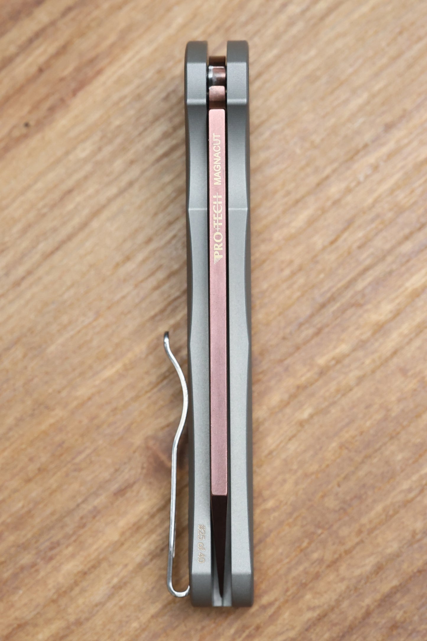 PRO-TECH MALIBU TWO TONE NEXUS STAINLESS HANDLE W/ BLACK LIP PEARL BUTTON & COPPER ROSE MAGNACUT REVERSE TANTO BLADE & HARDWARE 2026 CUSTOM 003
