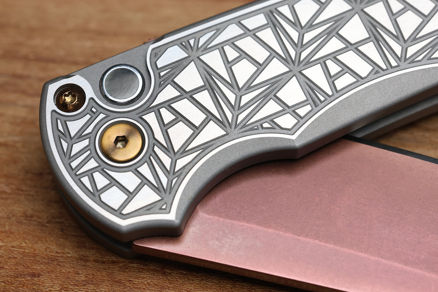 PRO-TECH MALIBU TWO TONE NEXUS STAINLESS HANDLE W/ BLACK LIP PEARL BUTTON & COPPER ROSE MAGNACUT REVERSE TANTO BLADE & HARDWARE 2026 CUSTOM 003