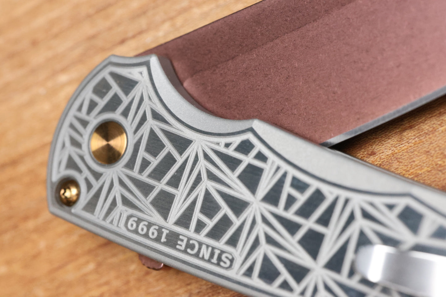 PRO-TECH MALIBU TWO TONE NEXUS STAINLESS HANDLE W/ BLACK LIP PEARL BUTTON & COPPER ROSE MAGNACUT REVERSE TANTO BLADE & HARDWARE 2026 CUSTOM 003