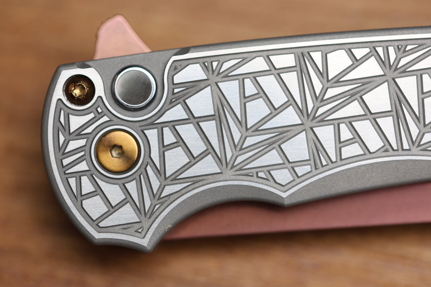 PRO-TECH MALIBU TWO TONE NEXUS STAINLESS HANDLE W/ BLACK LIP PEARL BUTTON & COPPER ROSE MAGNACUT REVERSE TANTO BLADE & HARDWARE 2026 CUSTOM 003