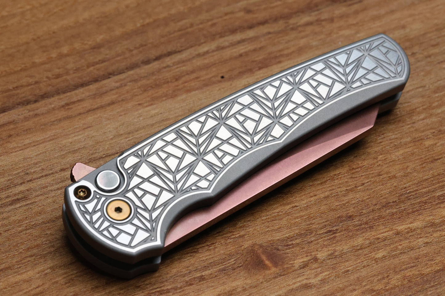 PRO-TECH MALIBU TWO TONE NEXUS STAINLESS HANDLE W/ BLACK LIP PEARL BUTTON & COPPER ROSE MAGNACUT REVERSE TANTO BLADE & HARDWARE 2026 CUSTOM 003