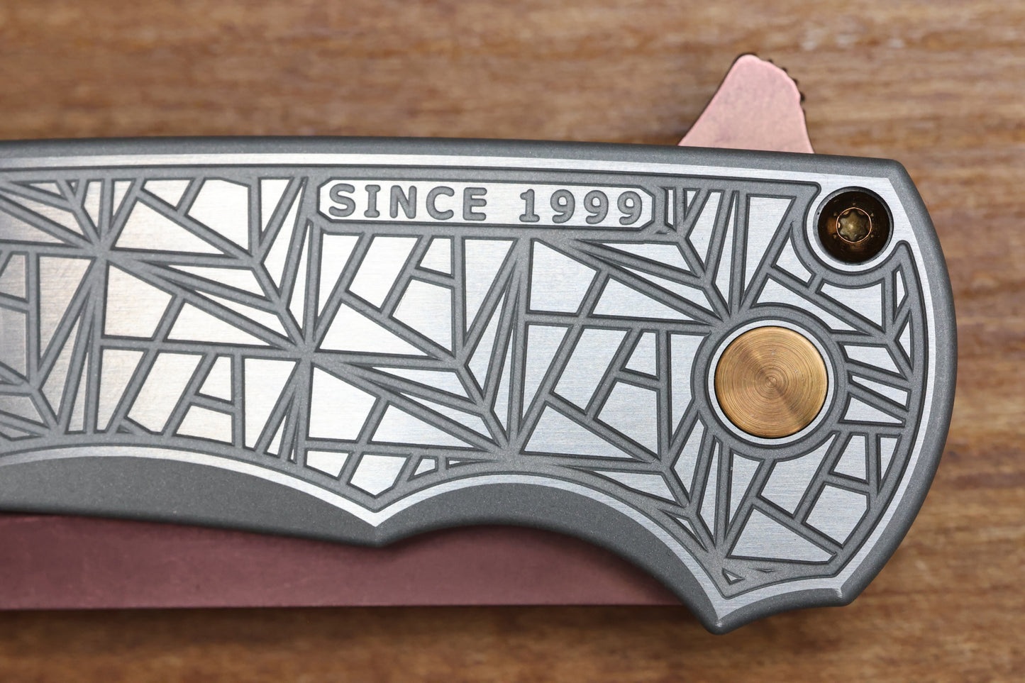 PRO-TECH MALIBU TWO TONE NEXUS STAINLESS HANDLE W/ BLACK LIP PEARL BUTTON & COPPER ROSE MAGNACUT REVERSE TANTO BLADE & HARDWARE 2026 CUSTOM 003