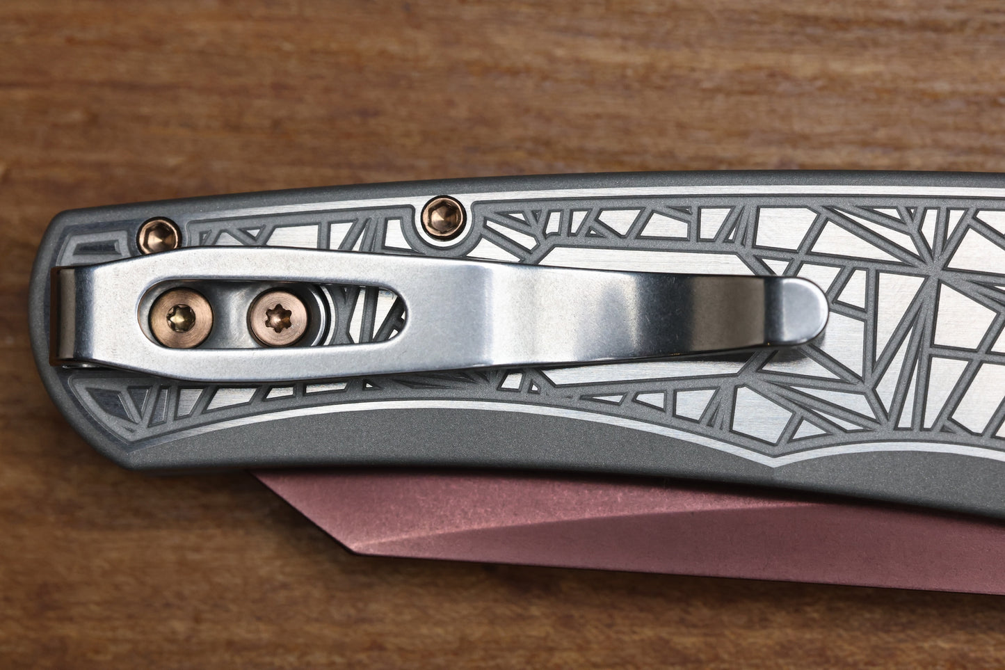 PRO-TECH MALIBU TWO TONE NEXUS STAINLESS HANDLE W/ BLACK LIP PEARL BUTTON & COPPER ROSE MAGNACUT REVERSE TANTO BLADE & HARDWARE 2026 CUSTOM 003