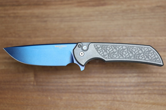 PRO-TECH MORDAX STAINLESS NEXUS HANDLE W/ ABALONE BUTTON & SAPPHIRE BLUE MAGNACUT 2026 CUSTOM 001