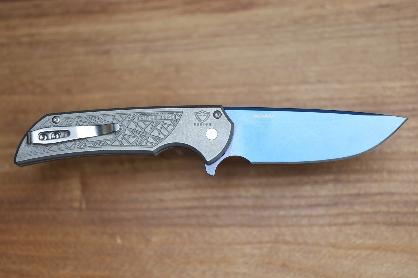 PRO-TECH MORDAX STAINLESS NEXUS HANDLE W/ ABALONE BUTTON & SAPPHIRE BLUE MAGNACUT 2026 CUSTOM 001