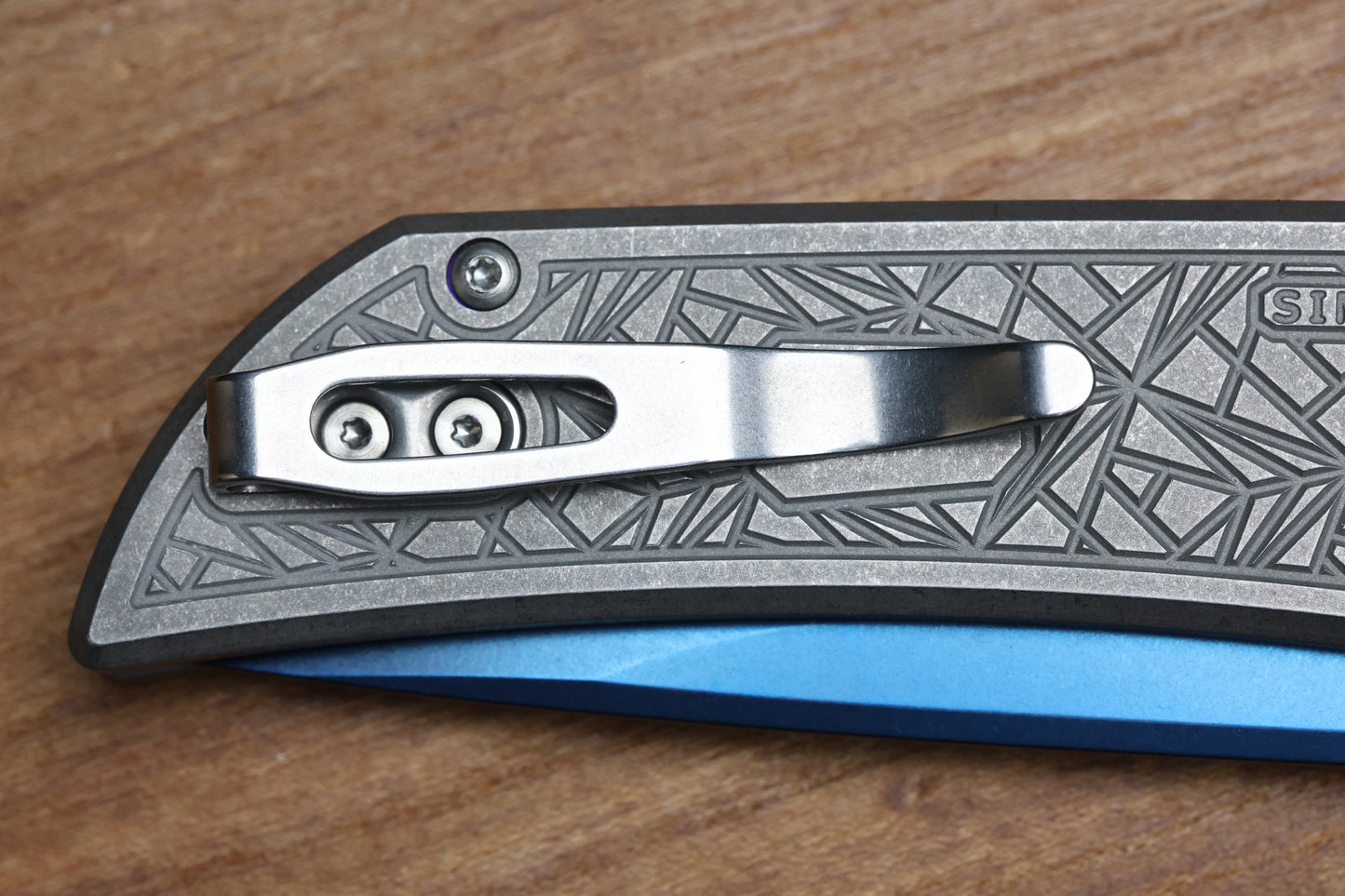 PRO-TECH MORDAX STAINLESS NEXUS HANDLE W/ ABALONE BUTTON & SAPPHIRE BLUE MAGNACUT 2026 CUSTOM 001