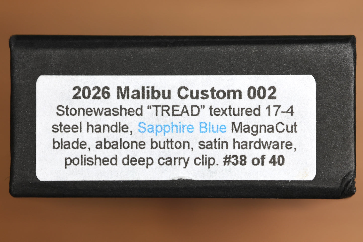 PRO-TECH MALIBU STONEWASH TREAD STAINLESS HANDLE W/ ABALONE BUTTON & SAPPHIRE BLUE MAGNACUT REVERSE TANTO 2026 CUSTOM 002