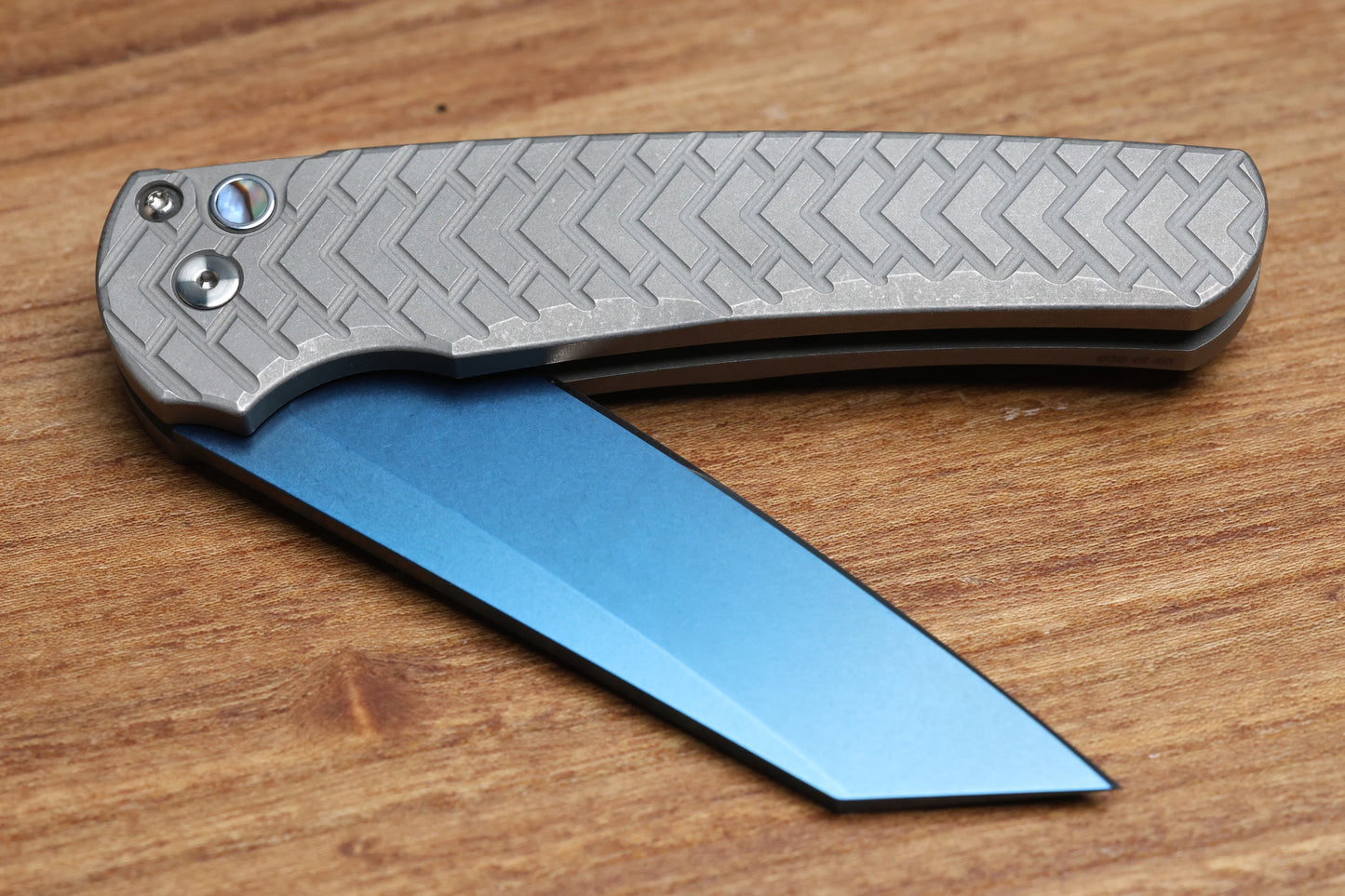 PRO-TECH MALIBU STONEWASH TREAD STAINLESS HANDLE W/ ABALONE BUTTON & SAPPHIRE BLUE MAGNACUT REVERSE TANTO 2026 CUSTOM 002