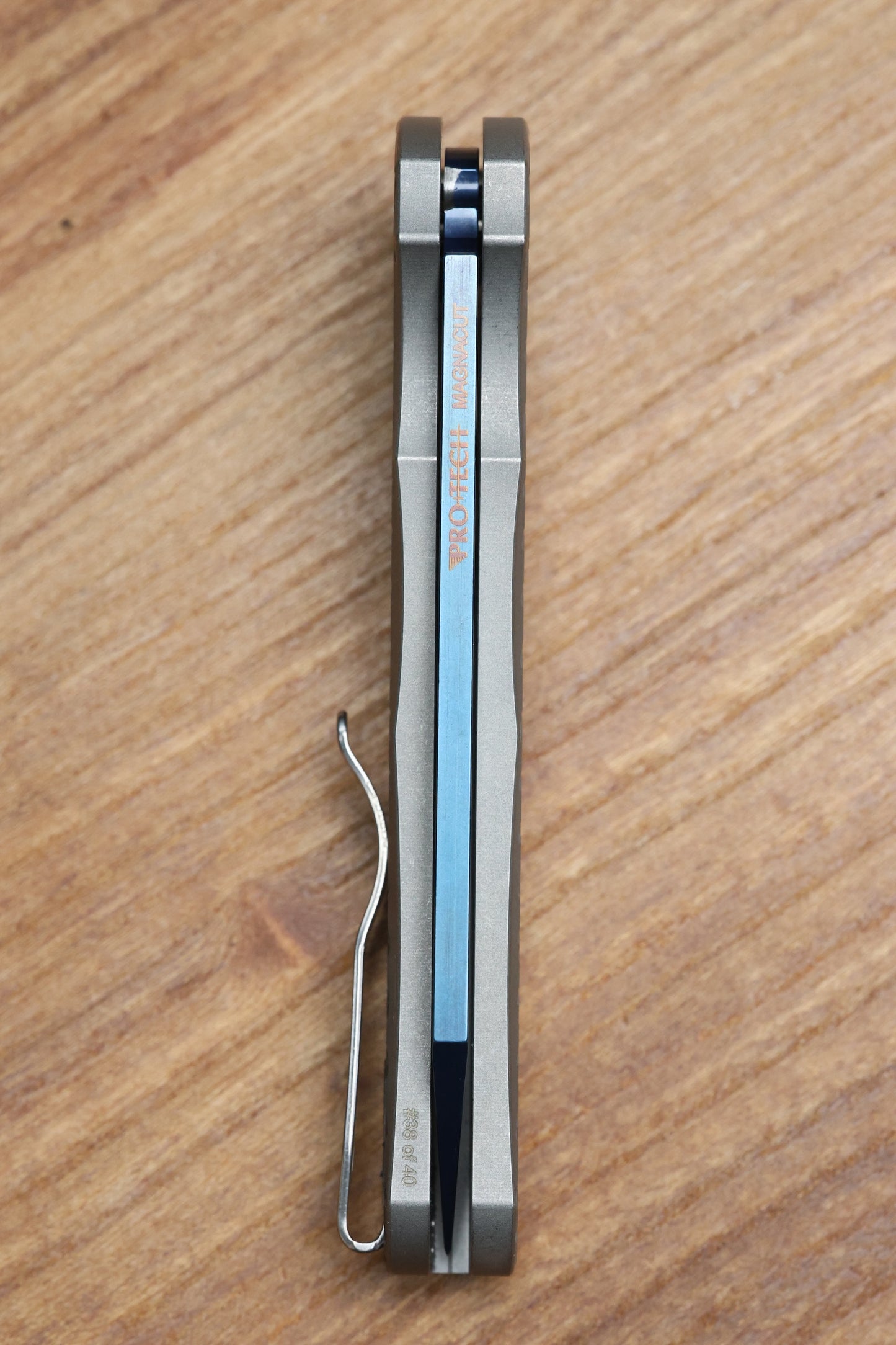 PRO-TECH MALIBU STONEWASH TREAD STAINLESS HANDLE W/ ABALONE BUTTON & SAPPHIRE BLUE MAGNACUT REVERSE TANTO 2026 CUSTOM 002