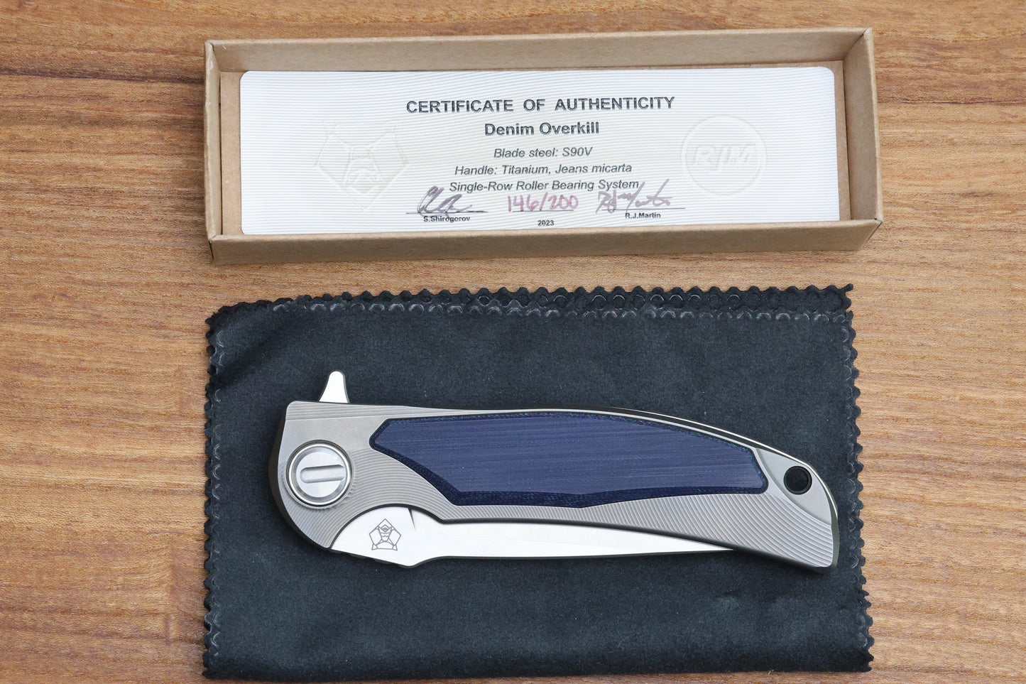 SHIROGOROV "LIMITED EDITION" RJ MARTIN DESIGN DENIM OVERKILL - S90V BLADE - TITANIUM HANDLE W/ JEANS MICARTA INLAYS - SRRBS