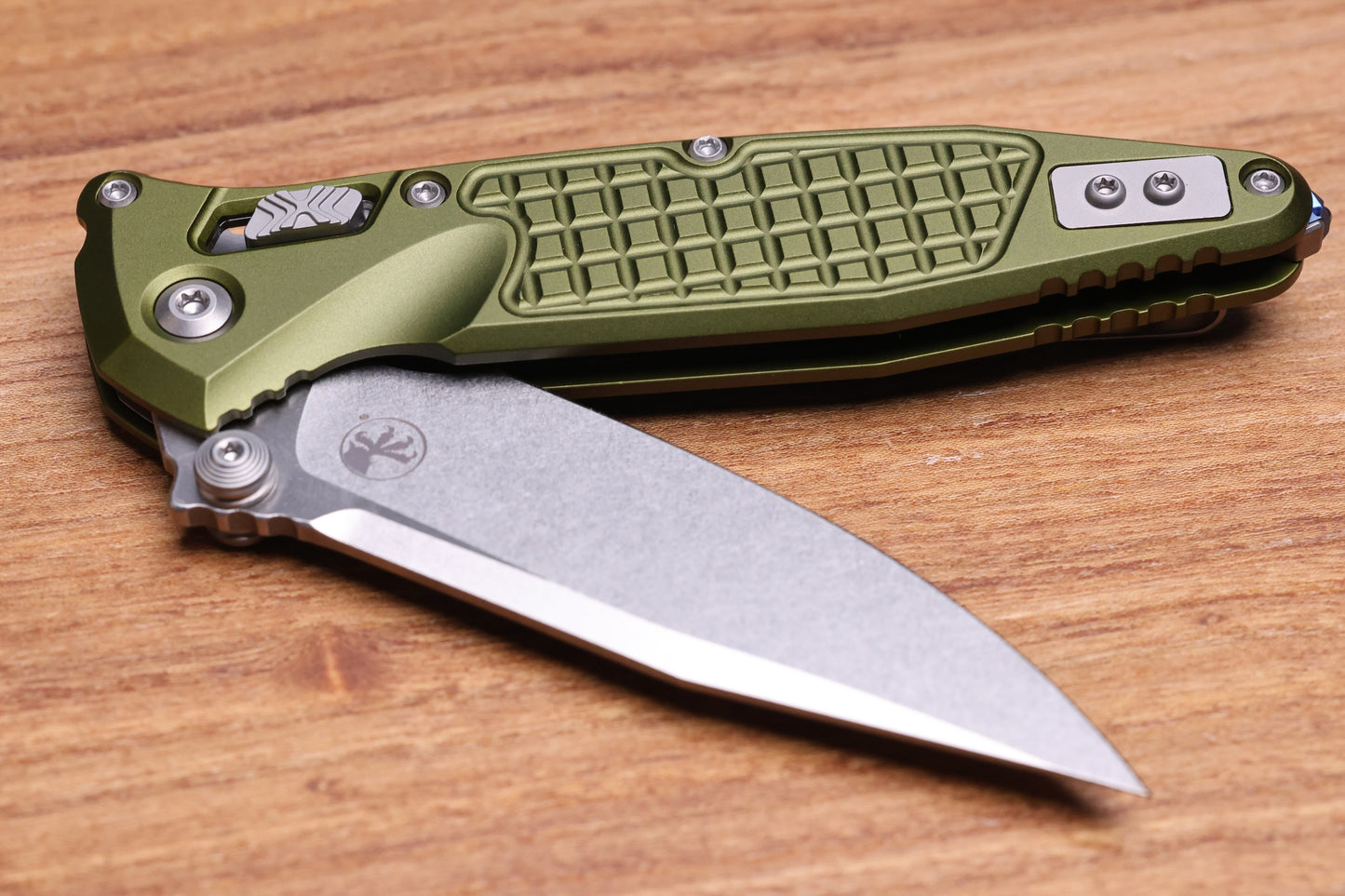 MICROTECH SOCOM RAM-LOK W/ OD GREEN ALUMINUM FRAG HANDLES & S/E STONEWASH M390MK 160RL-10FROD