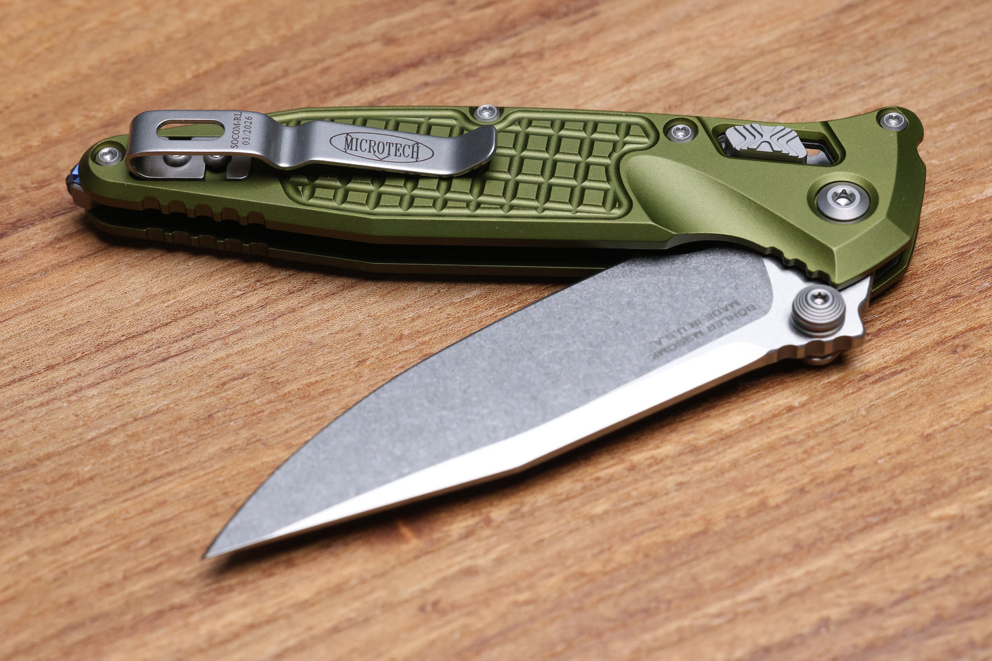 MICROTECH SOCOM RAM-LOK W/ OD GREEN ALUMINUM FRAG HANDLES & S/E STONEWASH M390MK 160RL-10FROD