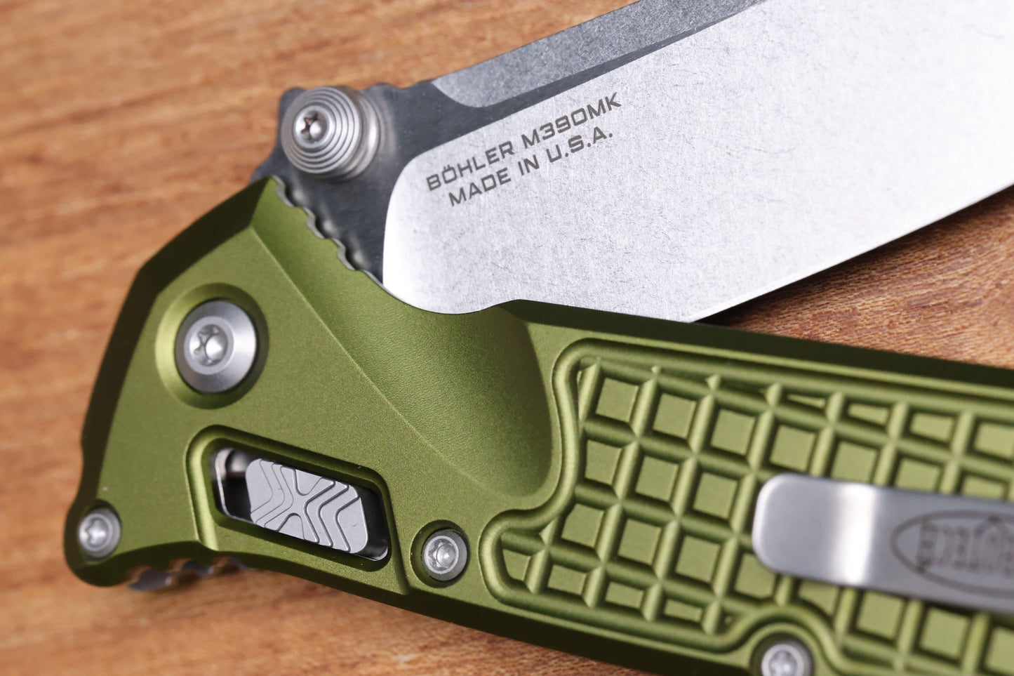 MICROTECH SOCOM RAM-LOK W/ OD GREEN ALUMINUM FRAG HANDLES & S/E STONEWASH M390MK 160RL-10FROD