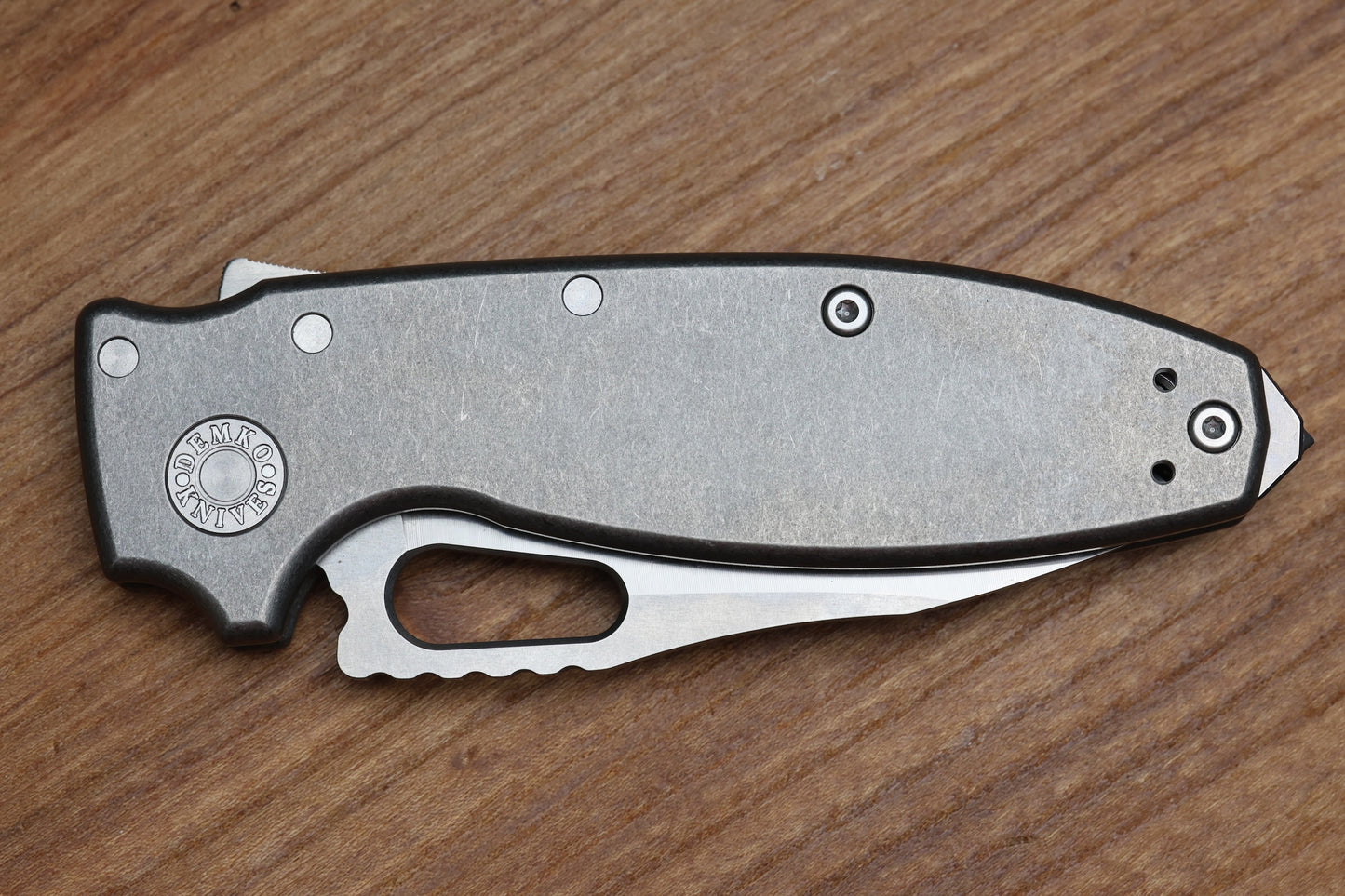 DEMKO KNIVES SHARK-A-TAC SMOOTH TITANIUM HANDLES W/ SPIKE BREAKER & TWO-TONE RAW MAGNACUT
