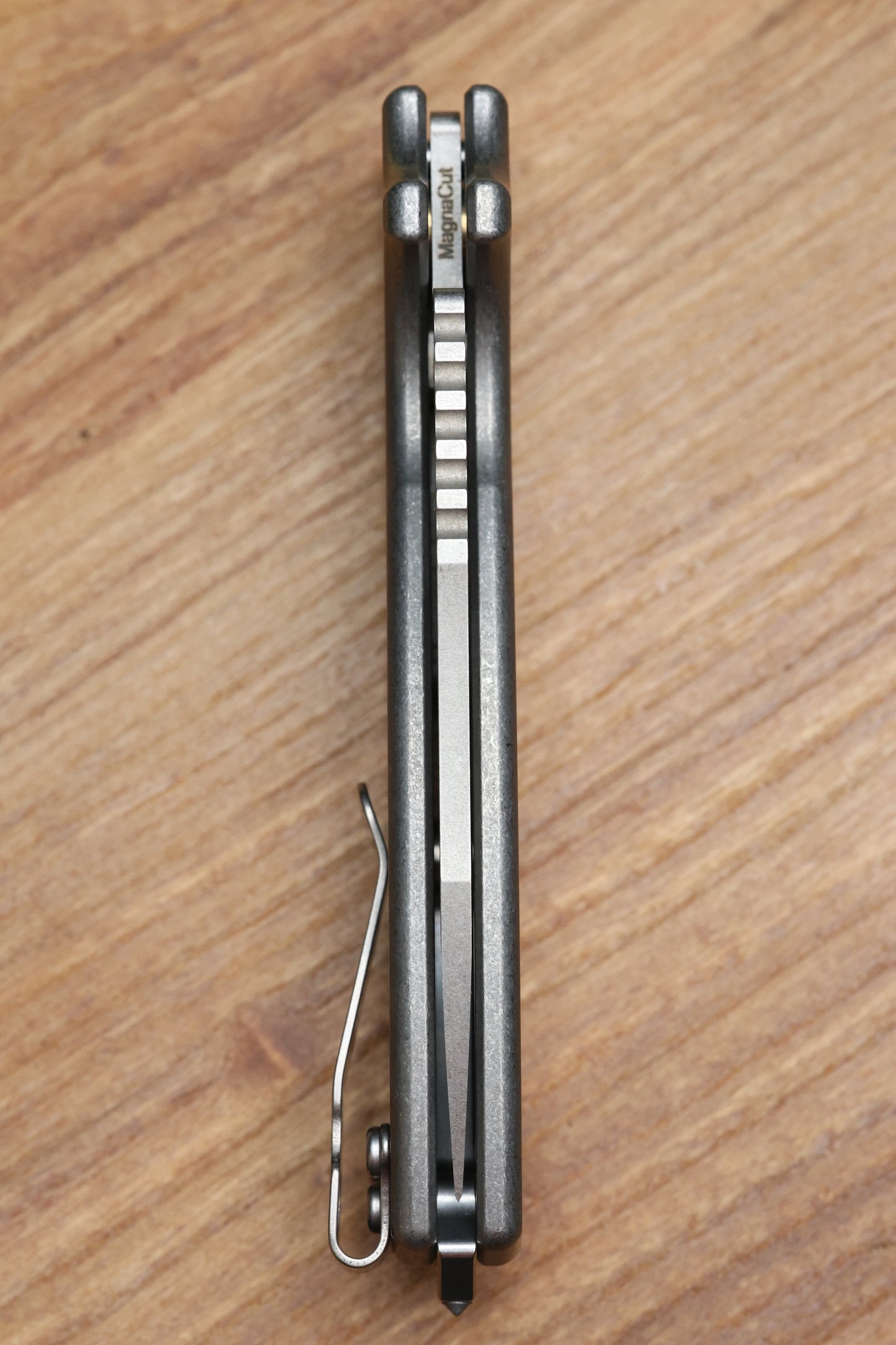 DEMKO KNIVES SHARK-A-TAC SMOOTH TITANIUM HANDLES W/ SPIKE BREAKER & TWO-TONE RAW MAGNACUT