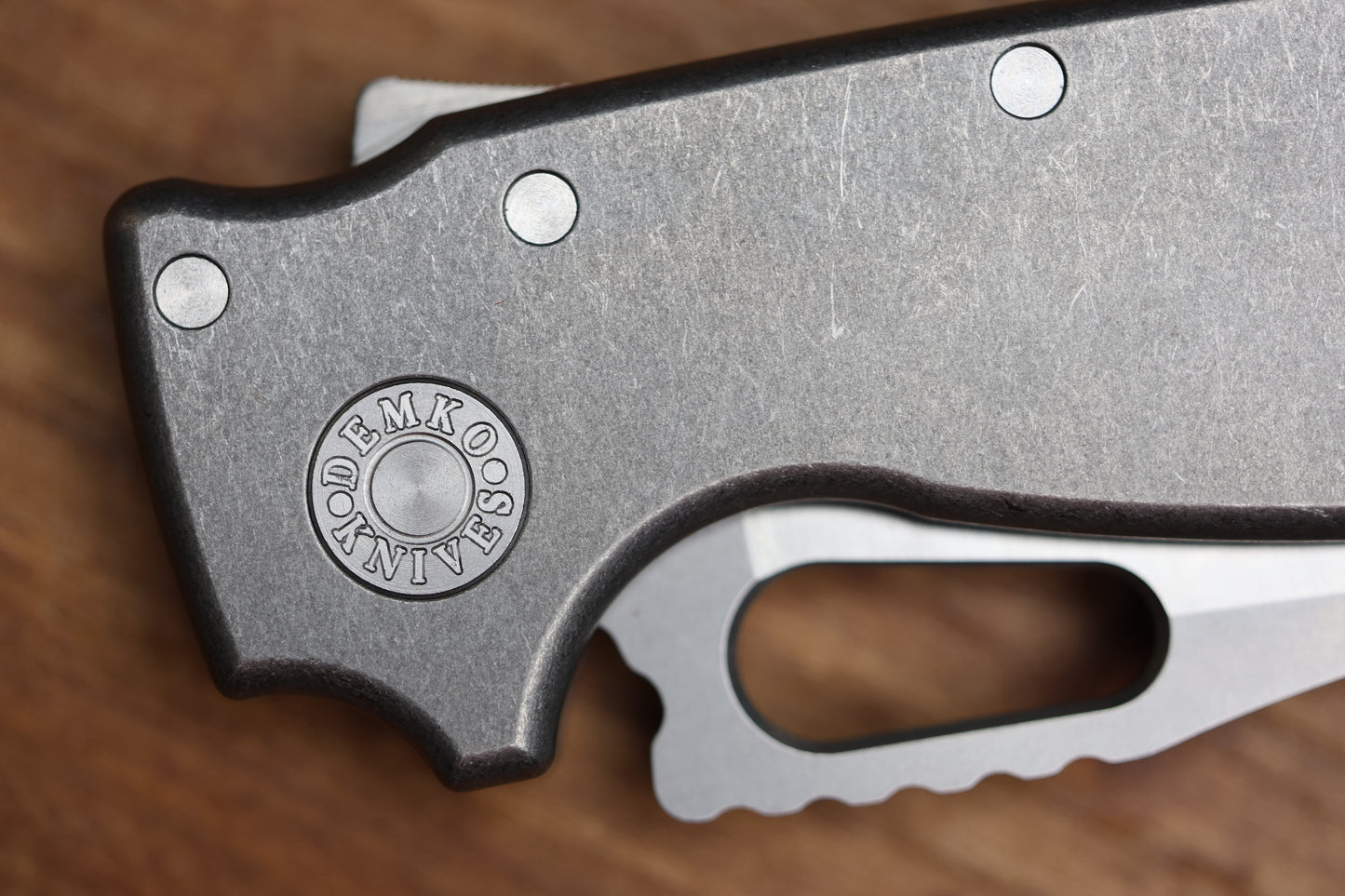 DEMKO KNIVES SHARK-A-TAC SMOOTH TITANIUM HANDLES W/ SPIKE BREAKER & TWO-TONE RAW MAGNACUT