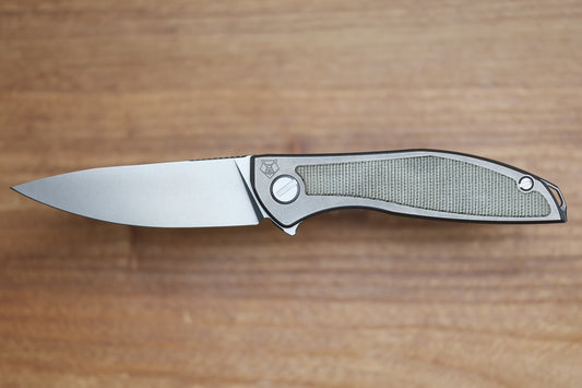 SHIROGOROV NEON NL - ELMAX BLADE - TITANIUM/GREEN CANVAS MICARTA HANDLE - MRBS