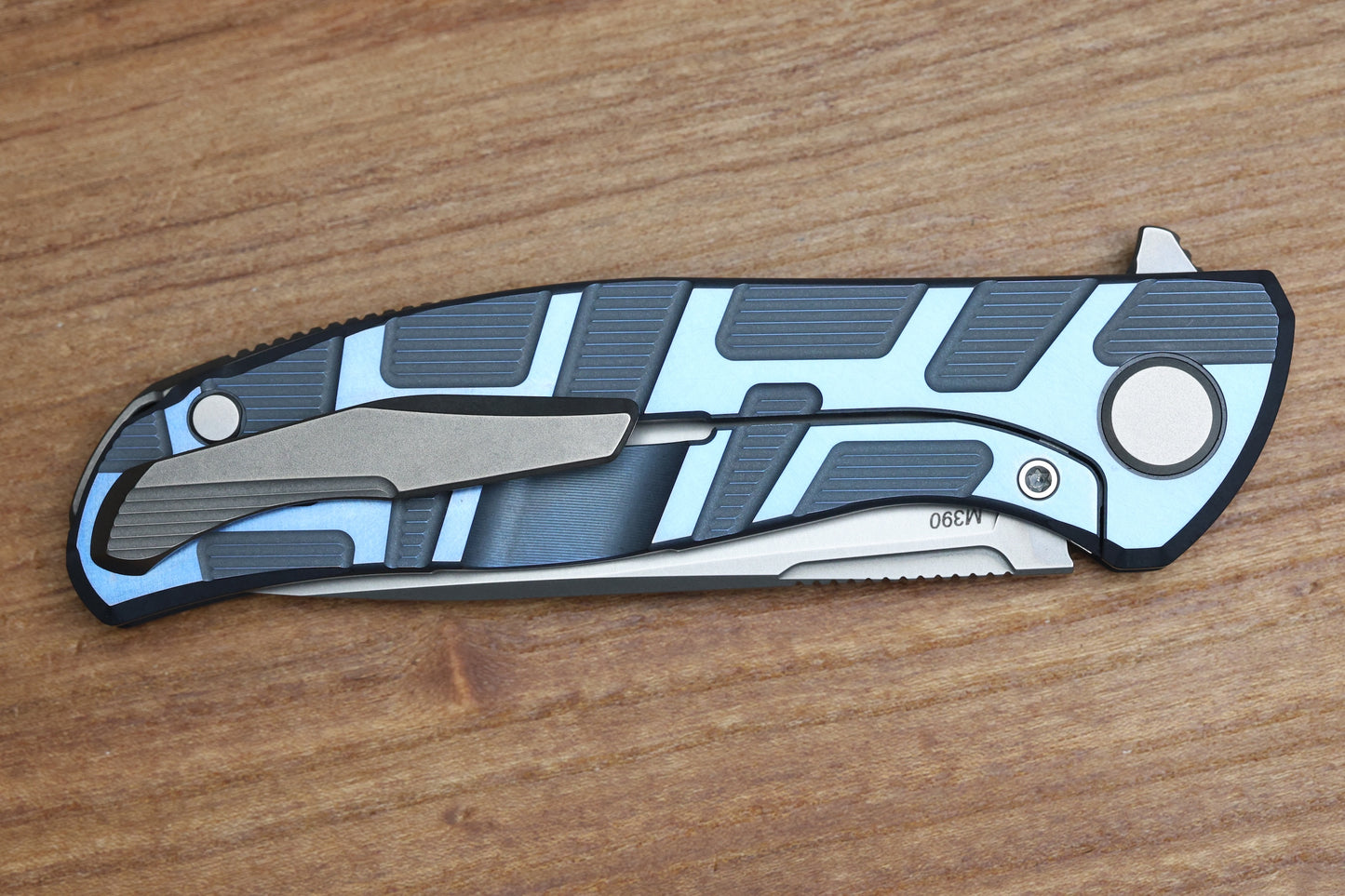 SHIROGOROV F95 T PATTERN GEN. 4 - BLUE TITANIUM HANDLE - M390 BLADE - MRBS