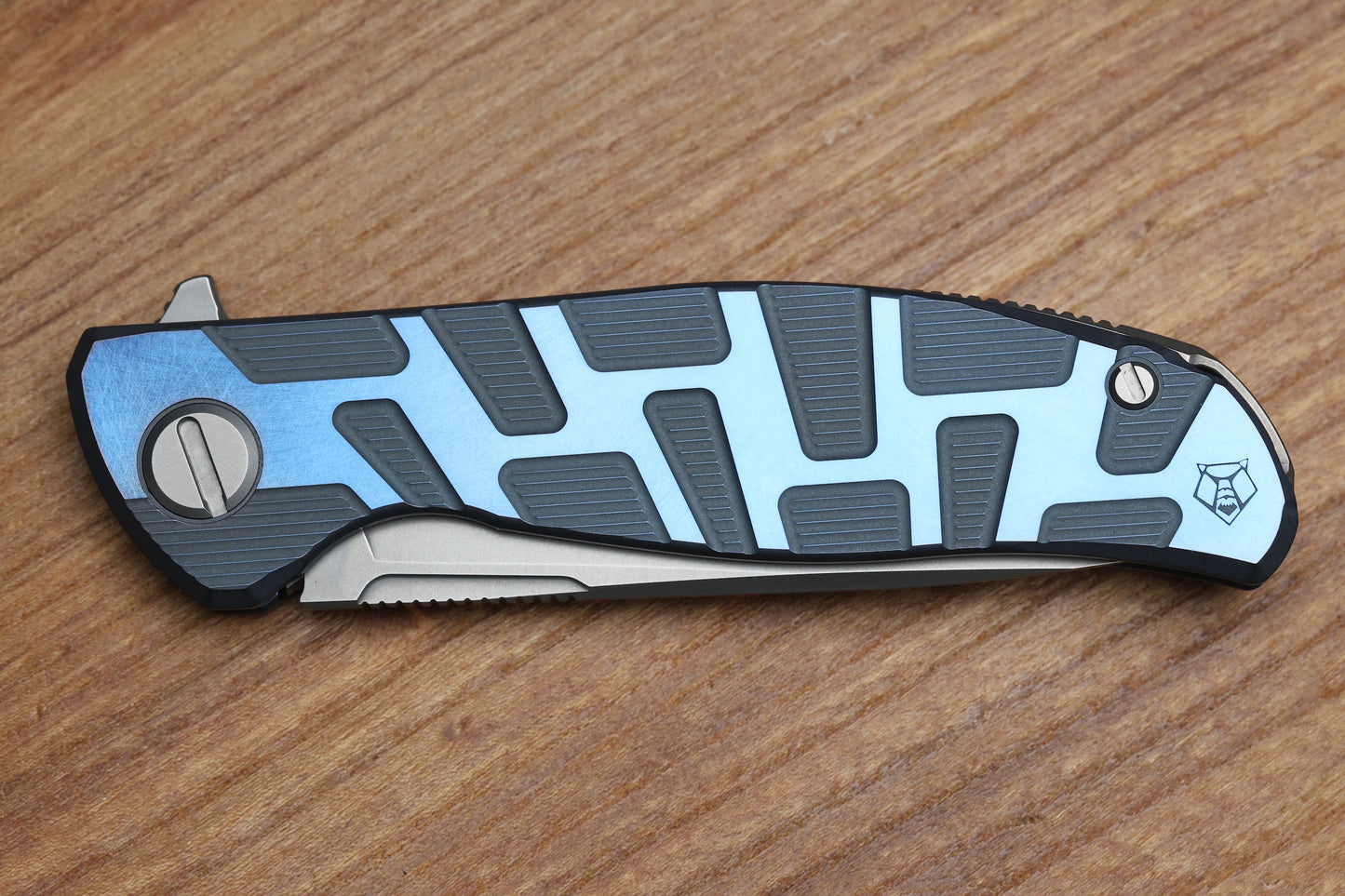 SHIROGOROV F95 T PATTERN GEN. 4 - BLUE TITANIUM HANDLE - M390 BLADE - MRBS