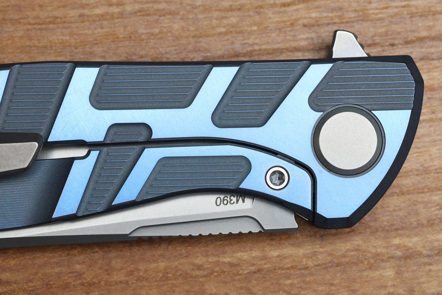 SHIROGOROV F95 T PATTERN GEN. 4 - BLUE TITANIUM HANDLE - M390 BLADE - MRBS
