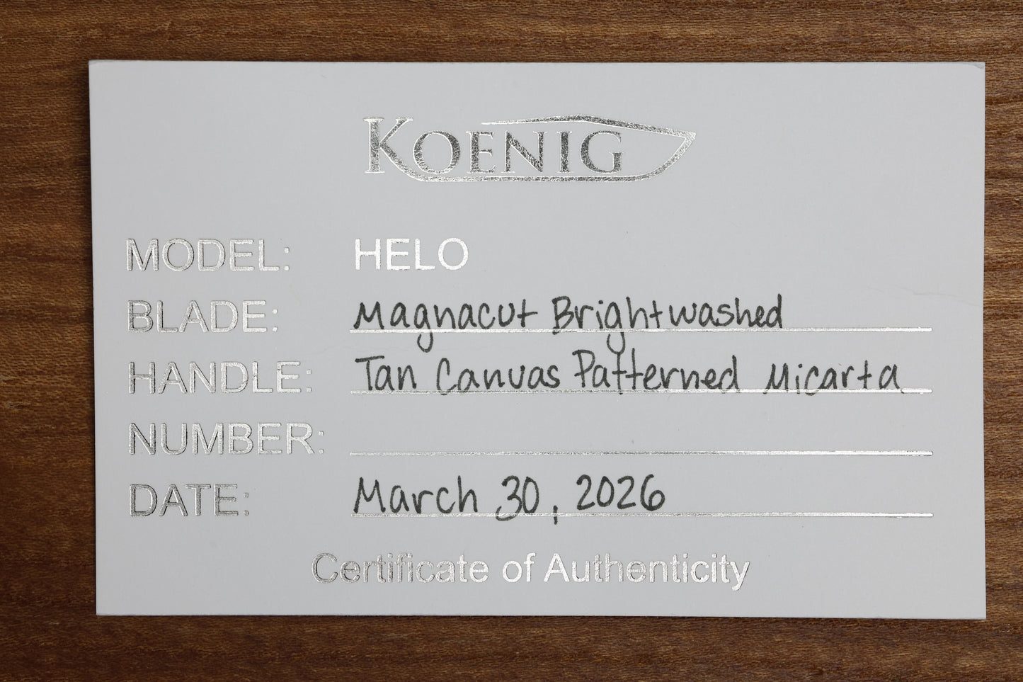 KOENIG KNIVES HELO - TAN CANVAS PATTERNED MICARTA HANDLE - BRIGHTWASHED MAGNACUT BLADE