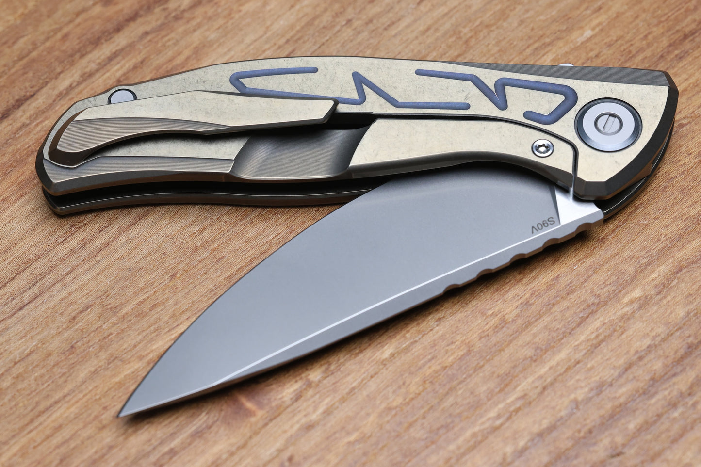 SHIROGOROV F95 BRACES - S90V BLADE - BRONZE TITANIUM HANDLE - PURPLE ACCENTS - WASHERS