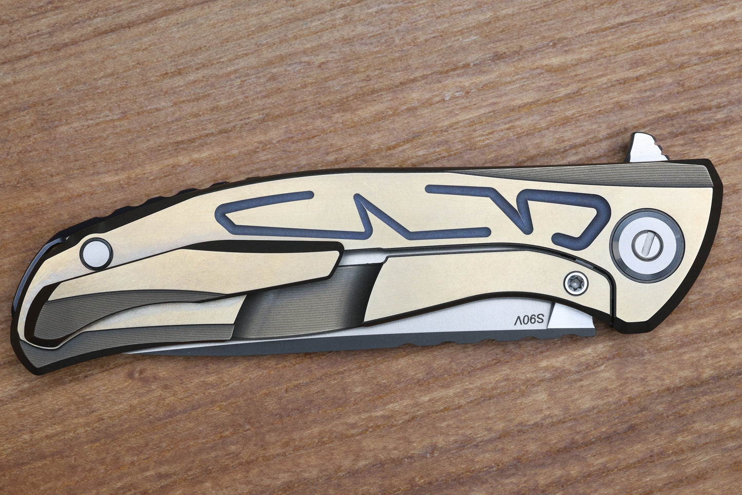 SHIROGOROV F95 BRACES - S90V BLADE - BRONZE TITANIUM HANDLE - PURPLE ACCENTS - WASHERS