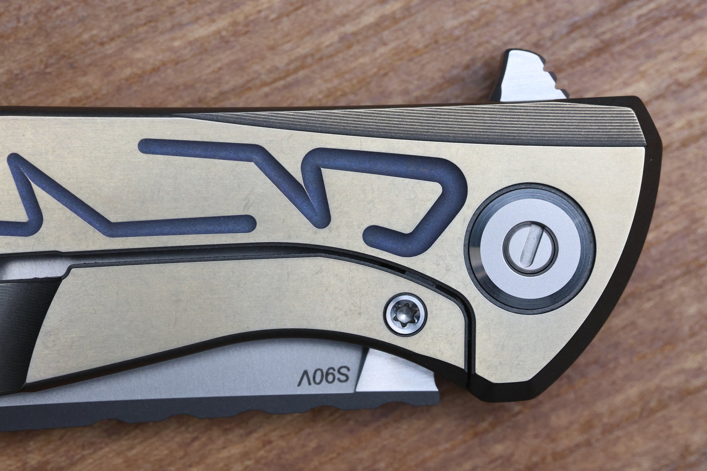 SHIROGOROV F95 BRACES - S90V BLADE - BRONZE TITANIUM HANDLE - PURPLE ACCENTS - WASHERS