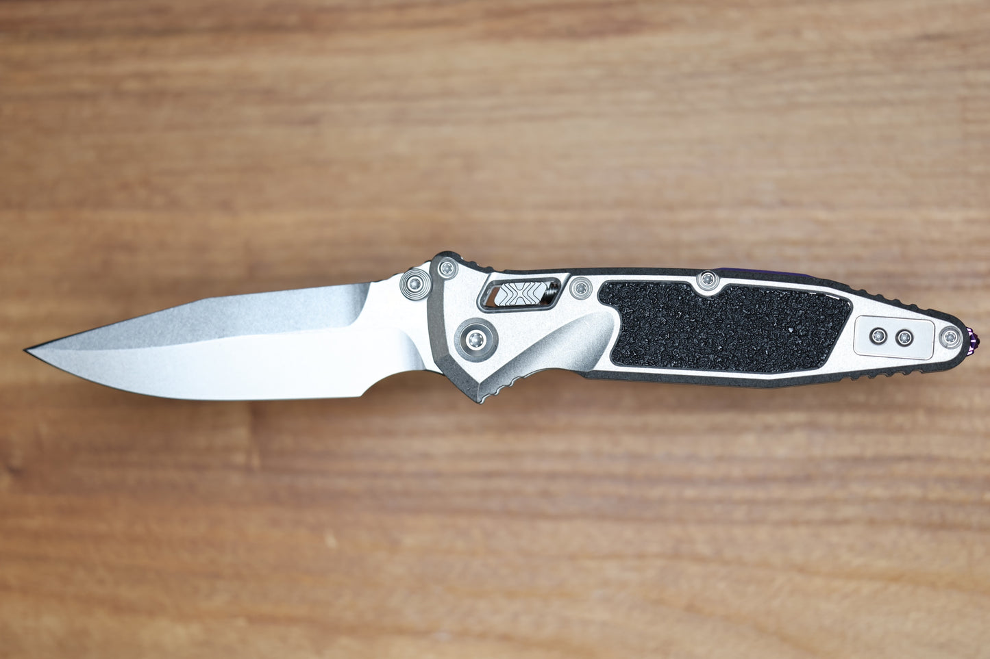 MICROTECH MARFIONE SELECT SOCOM RAM-LOK TITANIUM TEXTURED INLAID HANDLES W/ PURPLE ACCENTS & SPEAR POINT STONEWASH M390MK 160RL-10SMS4