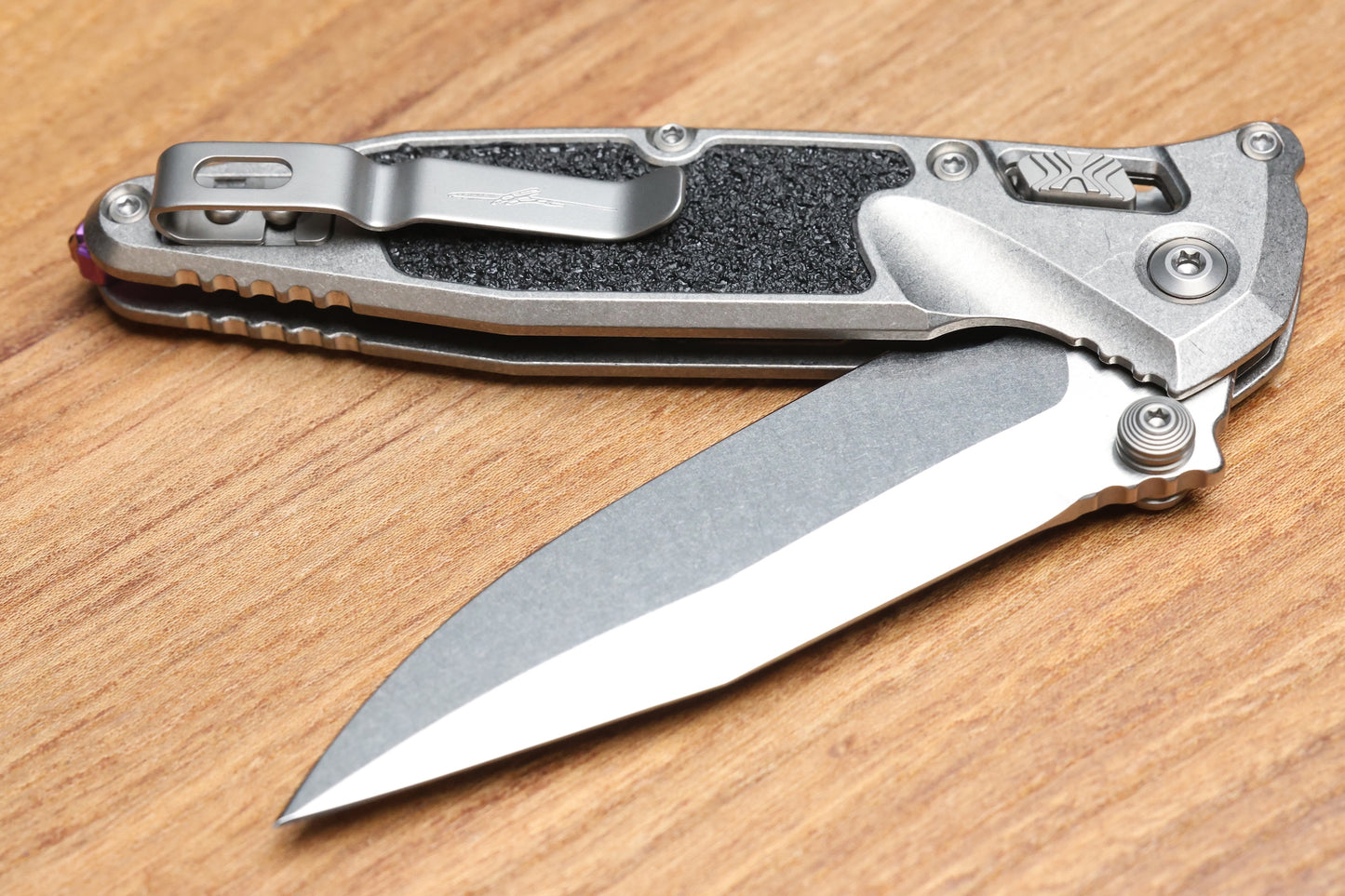 MICROTECH MARFIONE SELECT SOCOM RAM-LOK TITANIUM TEXTURED INLAID HANDLES W/ PURPLE ACCENTS & SPEAR POINT STONEWASH M390MK 160RL-10SMS4