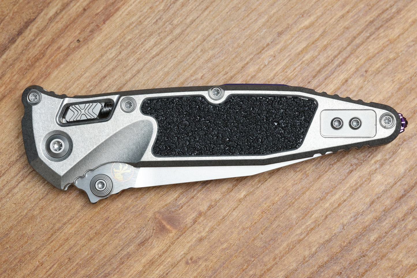 MICROTECH MARFIONE SELECT SOCOM RAM-LOK TITANIUM TEXTURED INLAID HANDLES W/ PURPLE ACCENTS & SPEAR POINT STONEWASH M390MK 160RL-10SMS4