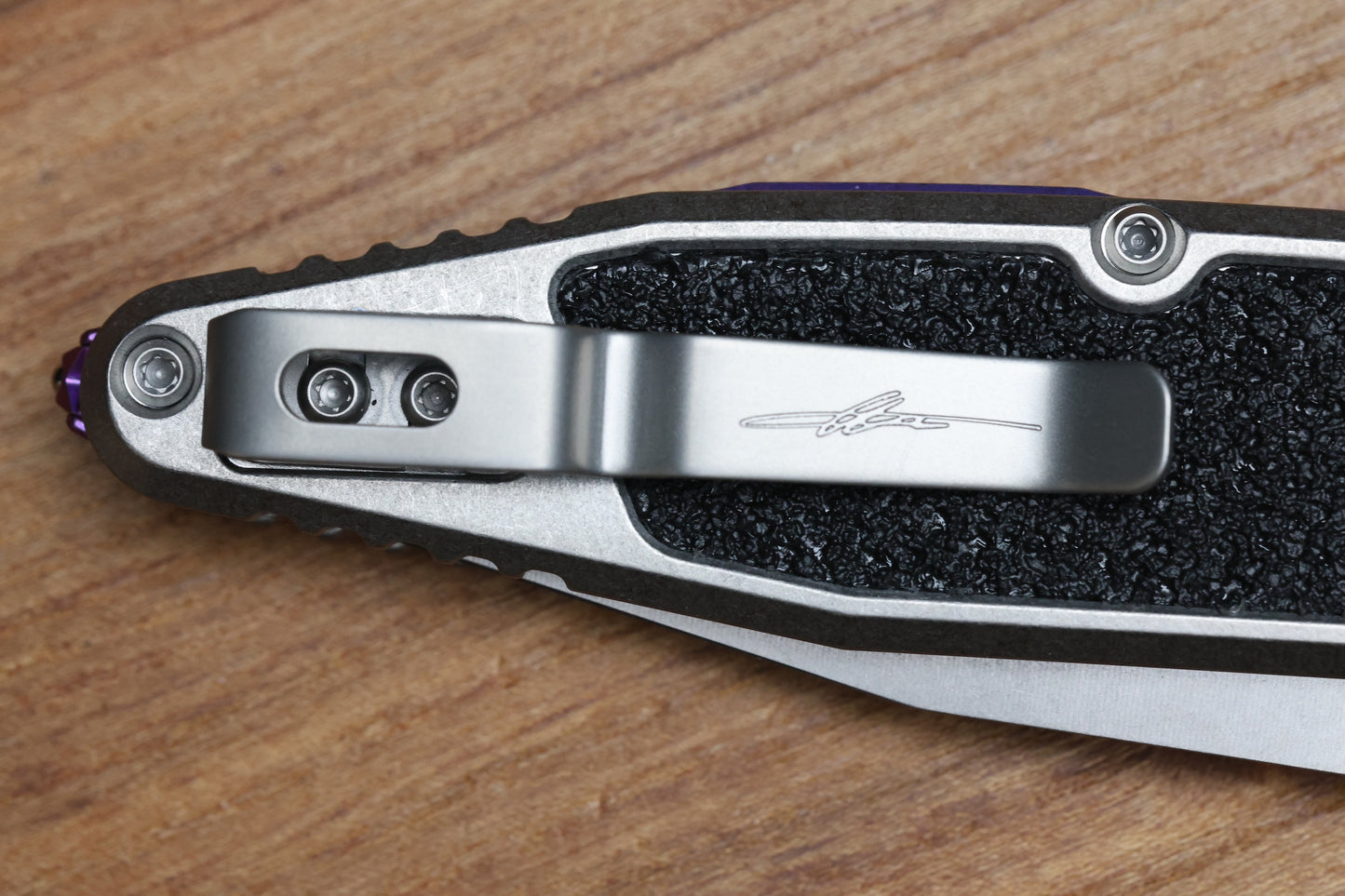 MICROTECH MARFIONE SELECT SOCOM RAM-LOK TITANIUM TEXTURED INLAID HANDLES W/ PURPLE ACCENTS & SPEAR POINT STONEWASH M390MK 160RL-10SMS4