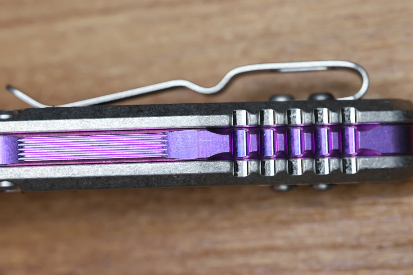 MICROTECH MARFIONE SELECT SOCOM RAM-LOK TITANIUM TEXTURED INLAID HANDLES W/ PURPLE ACCENTS & SPEAR POINT STONEWASH M390MK 160RL-10SMS4