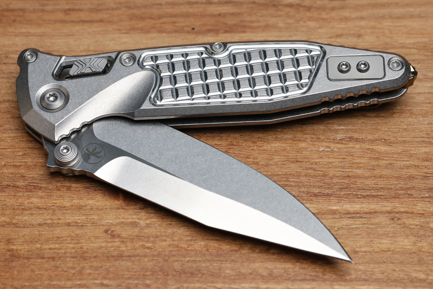 MICROTECH MARFIONE SELECT SOCOM RAM-LOK TITANIUM FRAG HANDLES W/ BRONZE ACCENTS & SPEAR POINT STONEWASH M390MK 160RL-10FRSMS2